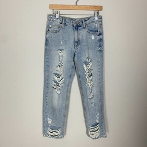 Avec Les Filles Ripped Mid Rise Mom Jeans Distressed Straight Leg Size 27 - Picture 2 of 9